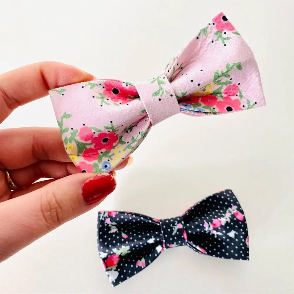 NEW HANDMADE Navy Blue Polka Dot Pink Floral Dog Cat Pet Collar Elastic Bow Tie